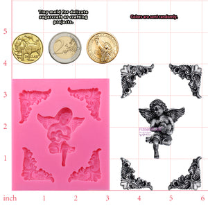 Angelic Cherub Hold Heart with Frame Corner Silicone Mold