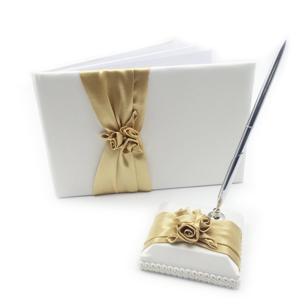 Champagne Roses Motif Wedding Guest Book with Pen Pen holder 3 in Set