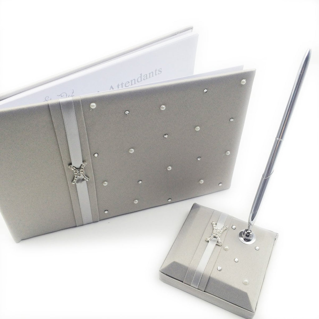 Grey Diamante Wedding Guest Book with Pen Pen holder 3 in Set