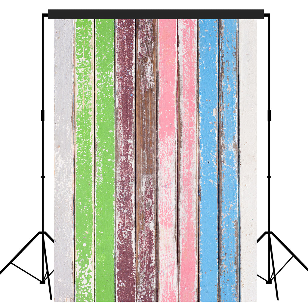 Rustic Distressed Wood Backdrop Photography Background #1748 White and Green and Brown and Pink and Blue