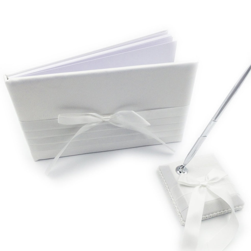 White Ribbon Bow Satin Pleated Wedding Guest Book with Pen Pen holder 3 in Set
