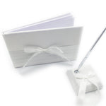White Ribbon Bow Satin Pleated Wedding Guest Book with Pen Pen holder 3 in Set