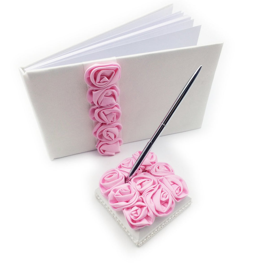 Pink Blooming Roses Motif Wedding Guest Book with Pen Pen holder 3 in Set