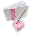 Pink Blooming Roses Motif Wedding Guest Book with Pen Pen holder 3 in Set