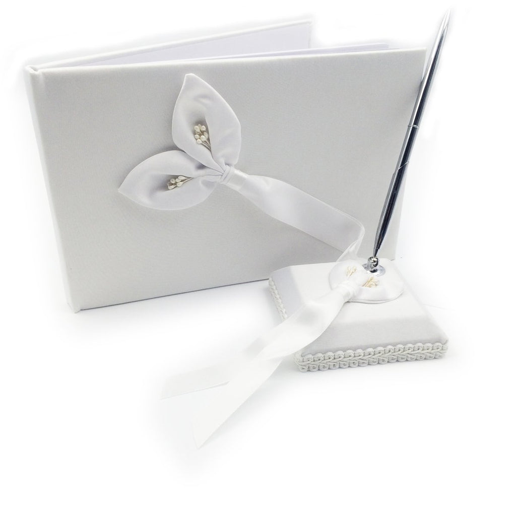 Large Calla Flower Motif Wedding Guest Book with Pen Pen holder 3 in Set