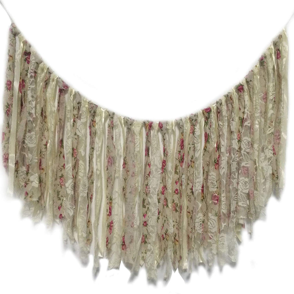 Vintage Handmade Lace Fabric Tassel Garland Banner Rustic Rose Beige