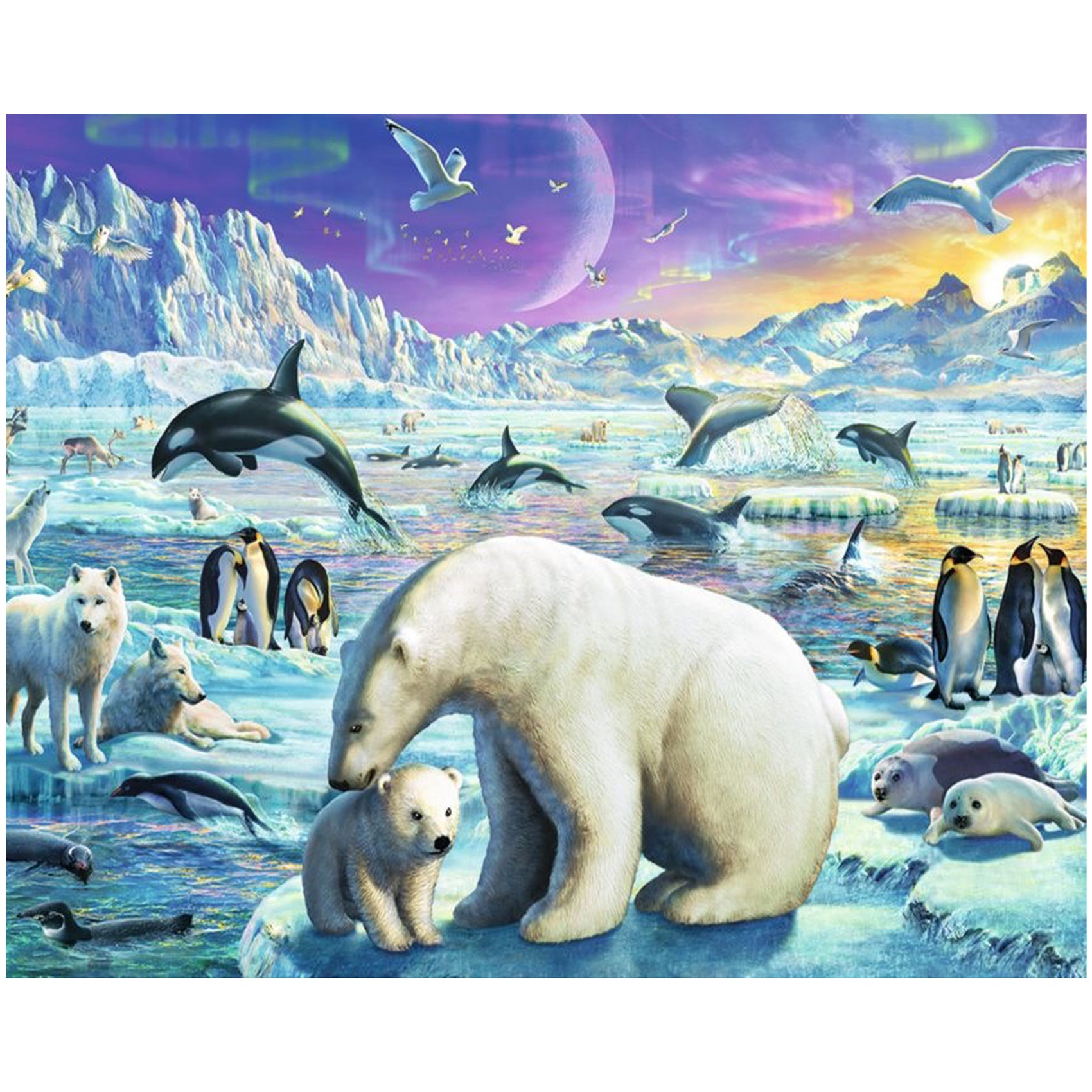 Polar Animals with Aurora Scenic Backdrop Photography Studio Fabric Background 7x6feet