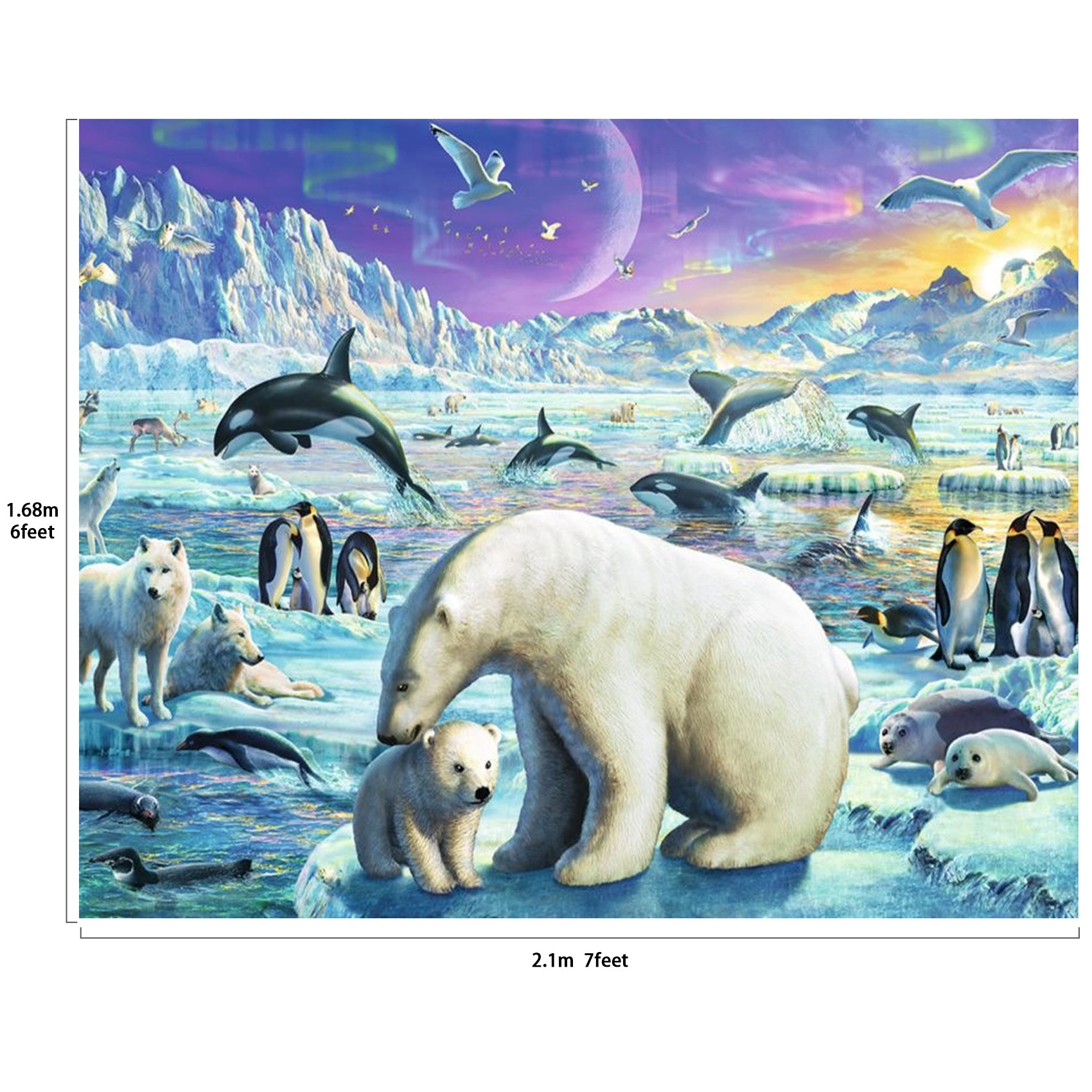 Polar Animals with Aurora Scenic Backdrop Photography Studio Fabric Background 7x6feet