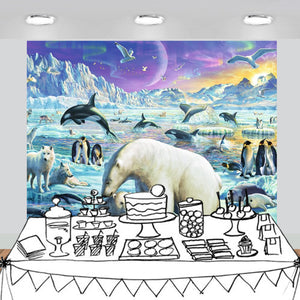 Polar Animals with Aurora Scenic Backdrop Photography Studio Fabric Background 7x6feet