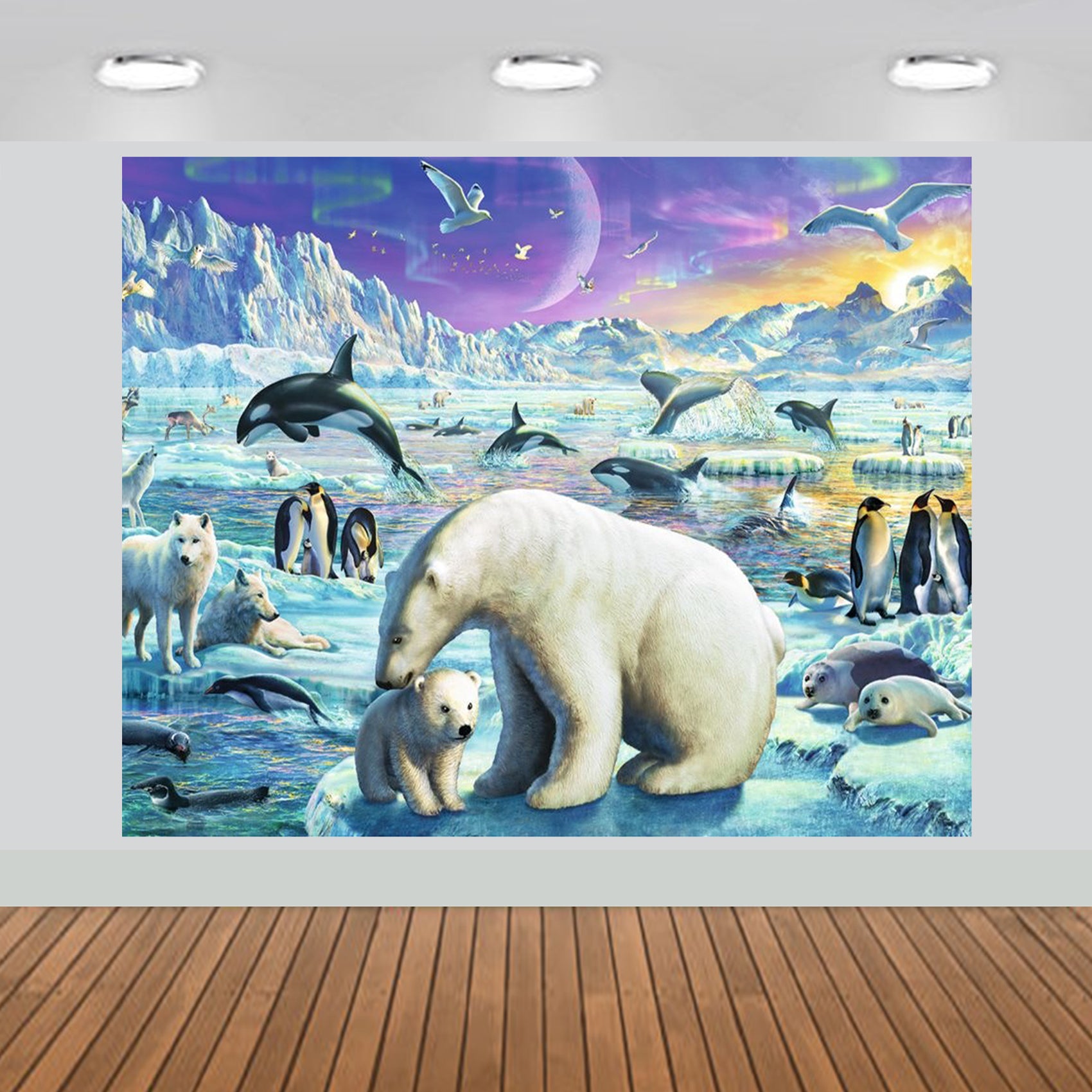 Polar Animals with Aurora Scenic Backdrop Photography Studio Fabric Background 7x6feet