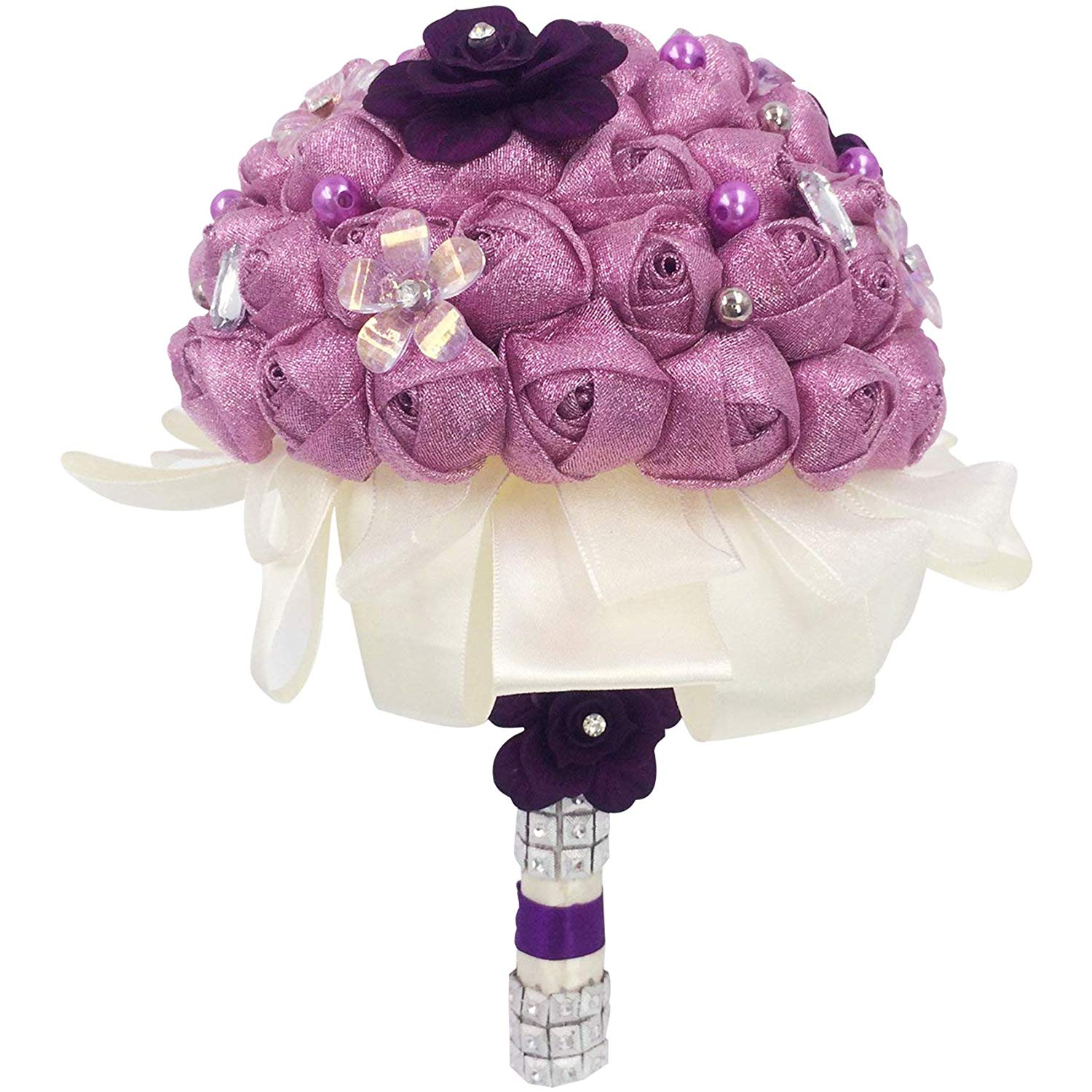 Retro Wedding Artificial Flower Bouquet Purple with Rhinestone Layered Holder
