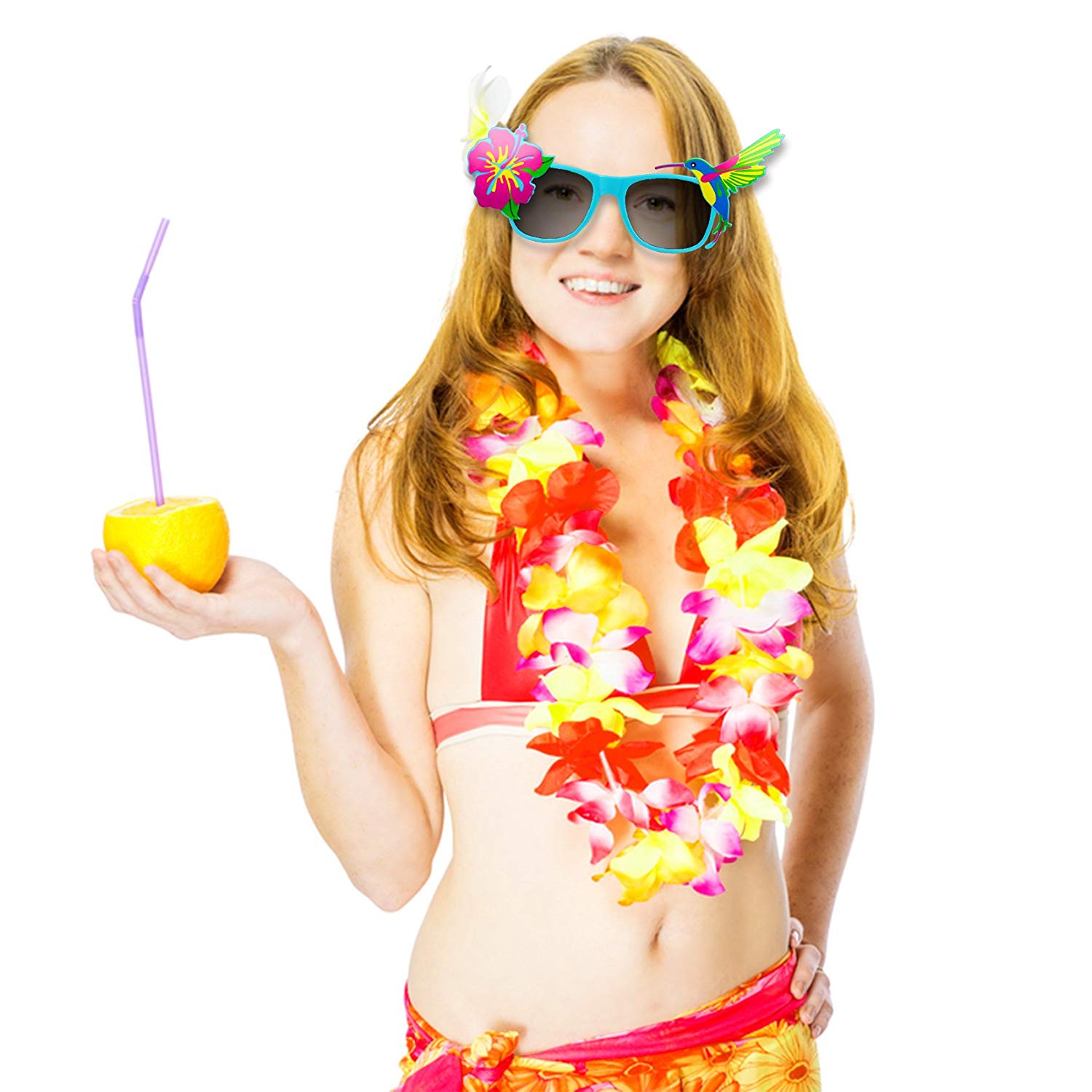 Tropical Party Costume Sunglasses Fun Shade Hawaiian Hibiscus and Hummingbird