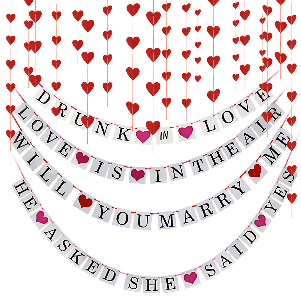 Red Hearts Hanging String and Bunting Banners for Wedding Engagement Celebration Parties 5-Count