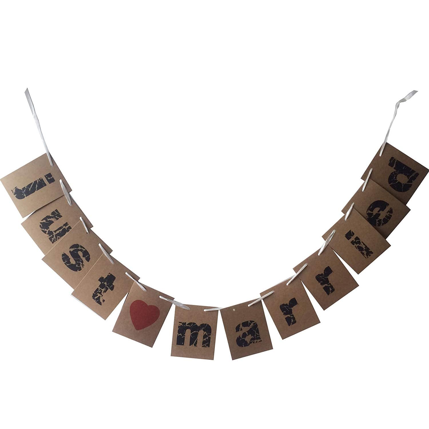 Just Married Bunting Banner for Wedding Celebration Parties 15x12.5cm with Heart, Brown