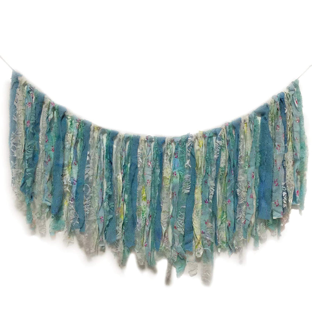Vintage Handmade Lace Fabric Tassel Garland Banner Rustic Rose Blue